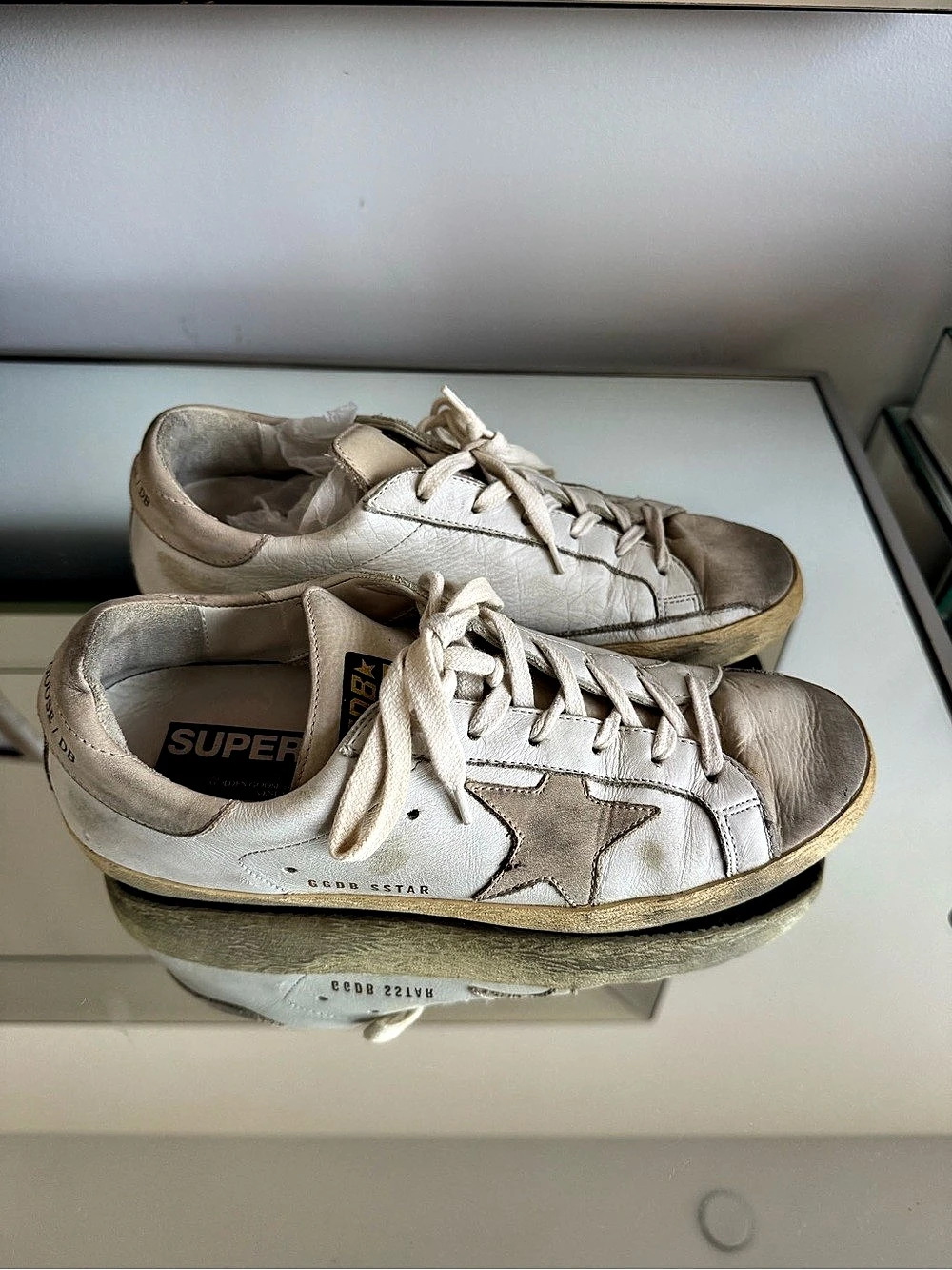 Golden Goose Super-Star Distressed Sneakers in White & Gold - size 39